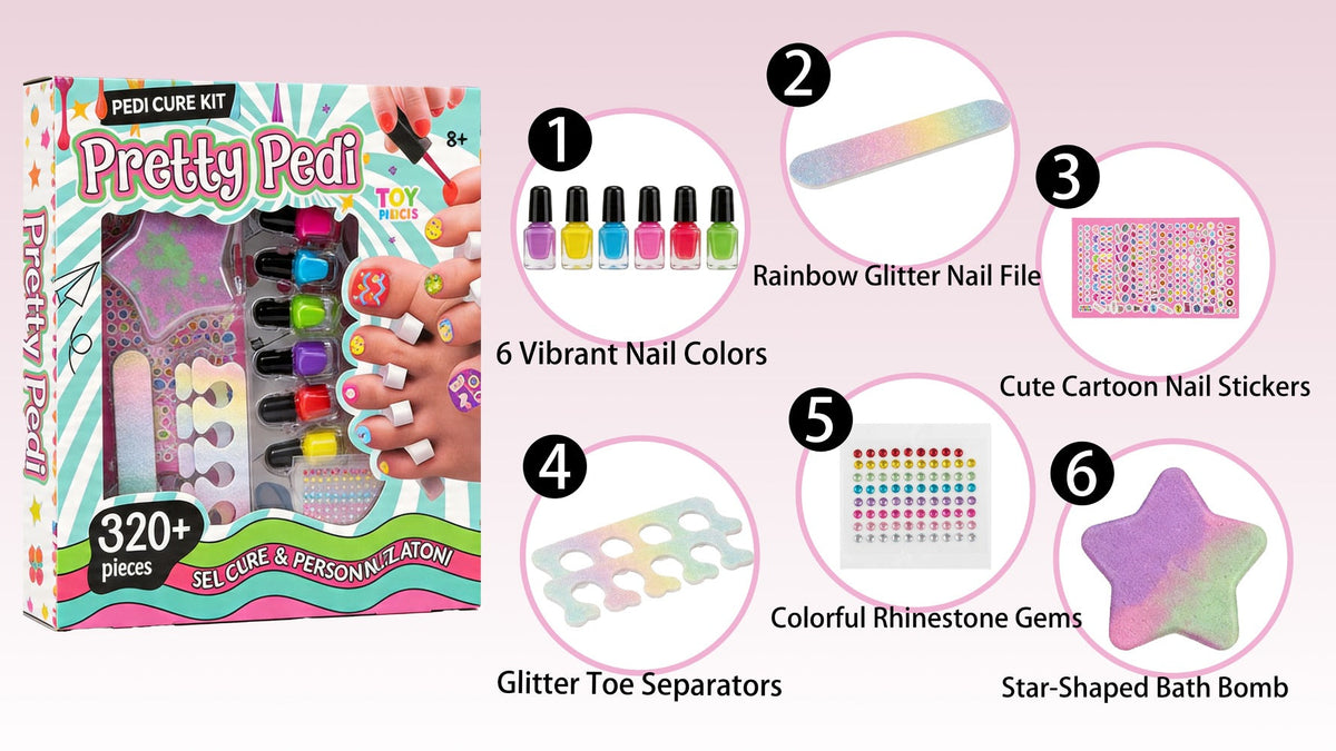 Pedicure Pretend Play Spa Set with 320+ Pieces, Nail Stickers & Polish