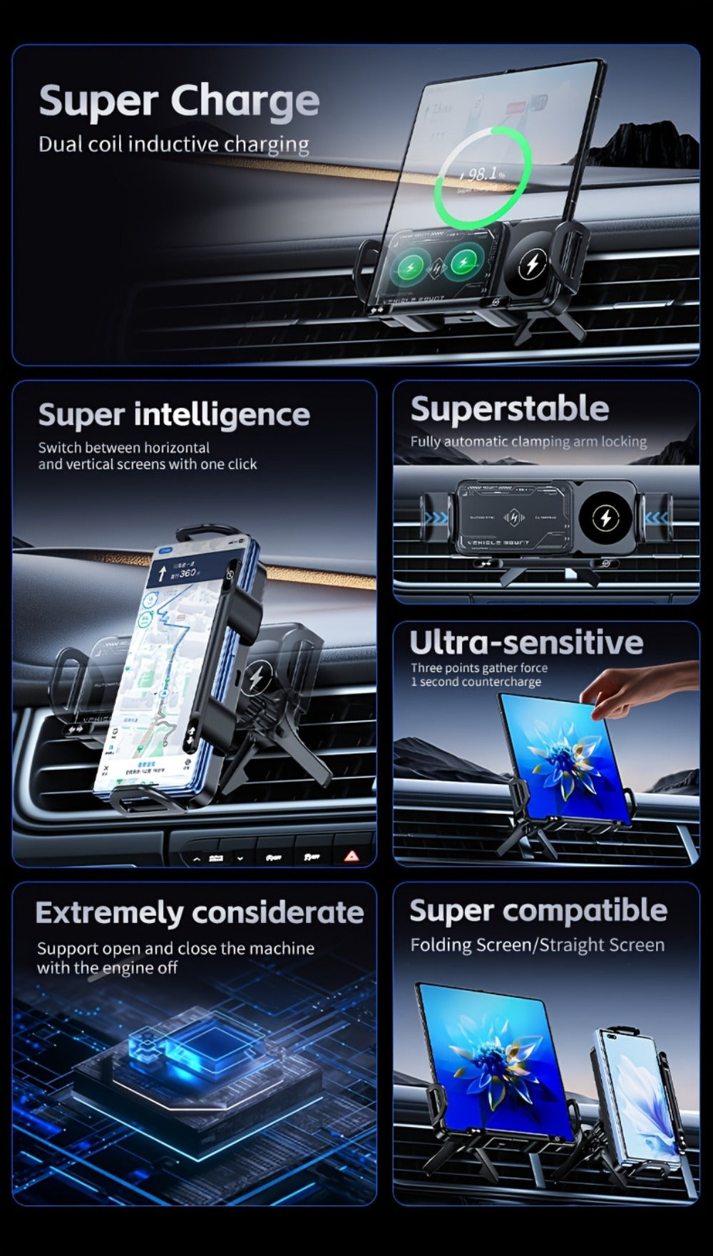 Folding Phone Dual Coil Wireless Car Charger 15W Auto-Clamping 90° Rotation – Car Mount for Samsung Galaxy Z Fold 6 5 4 3, Z Flip 5 4, iPhone 16 15 14 13 12 & Google Pixel 8 7 | Air Vent & Console Stand