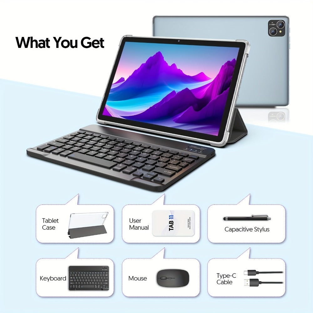 128GB Tablet Android 14 10 Inch 11 Inch 8GB RAM 8000mAh Battery Octa-Core WiFi 6 1TB Expandable 8MP Dual Camera FHD IPS Display Optional Keyboard Set – Grey & Green