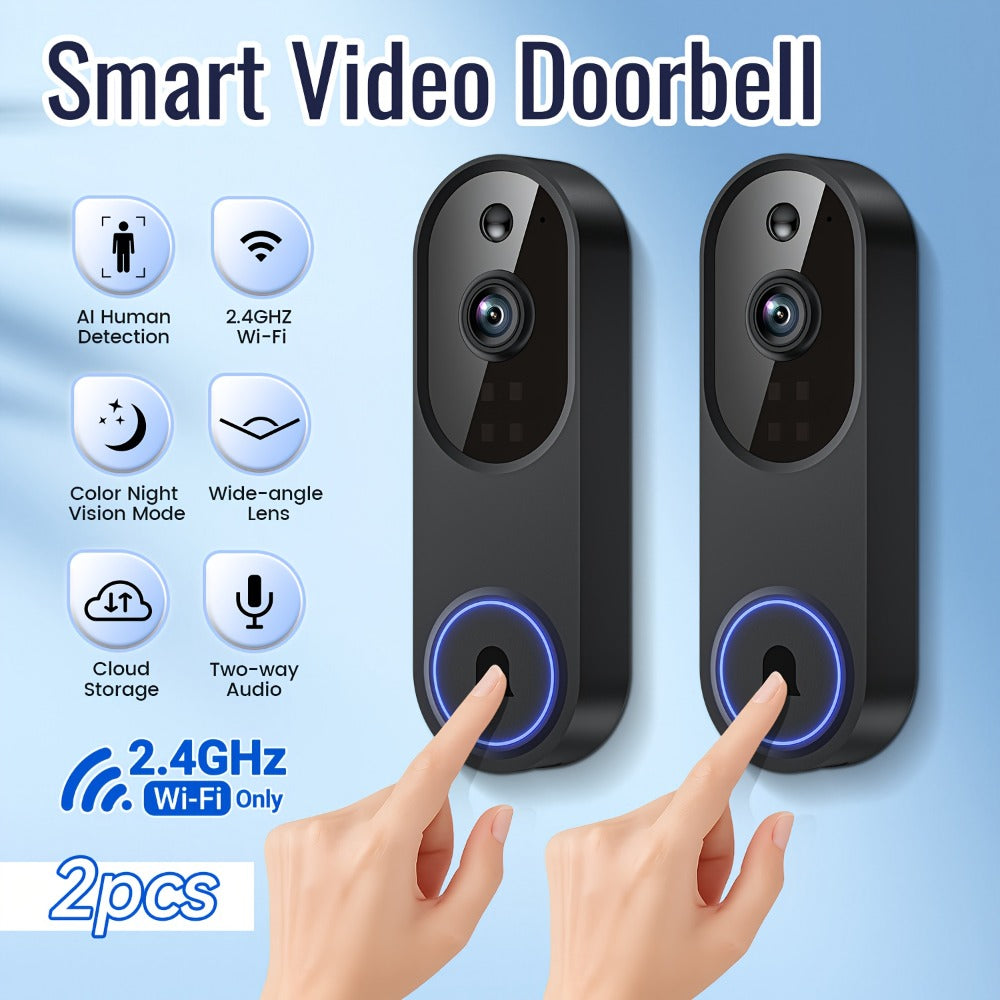 166° Wide Angle Video Doorbell 720P 2.4G 5G Dual-Band WiFi – Color Night Vision, AI Vehicle & Person Detection, Two-Way Voice, No Wiring, Real-Time App View, Single or 2-Pack, Black