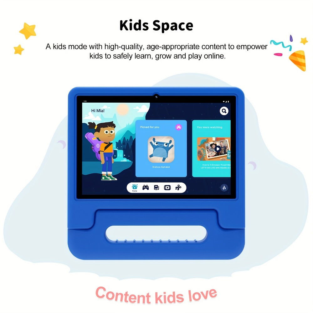 WiFi 6 Kids Tablet 10.1 Inch Android 6GB RAM 64GB ROM 5000mAh Dual Camera Parental Controls Eye Protection Preloaded Educational Apps Games Learning Tablet with Case Gift for Kids Blue Pink