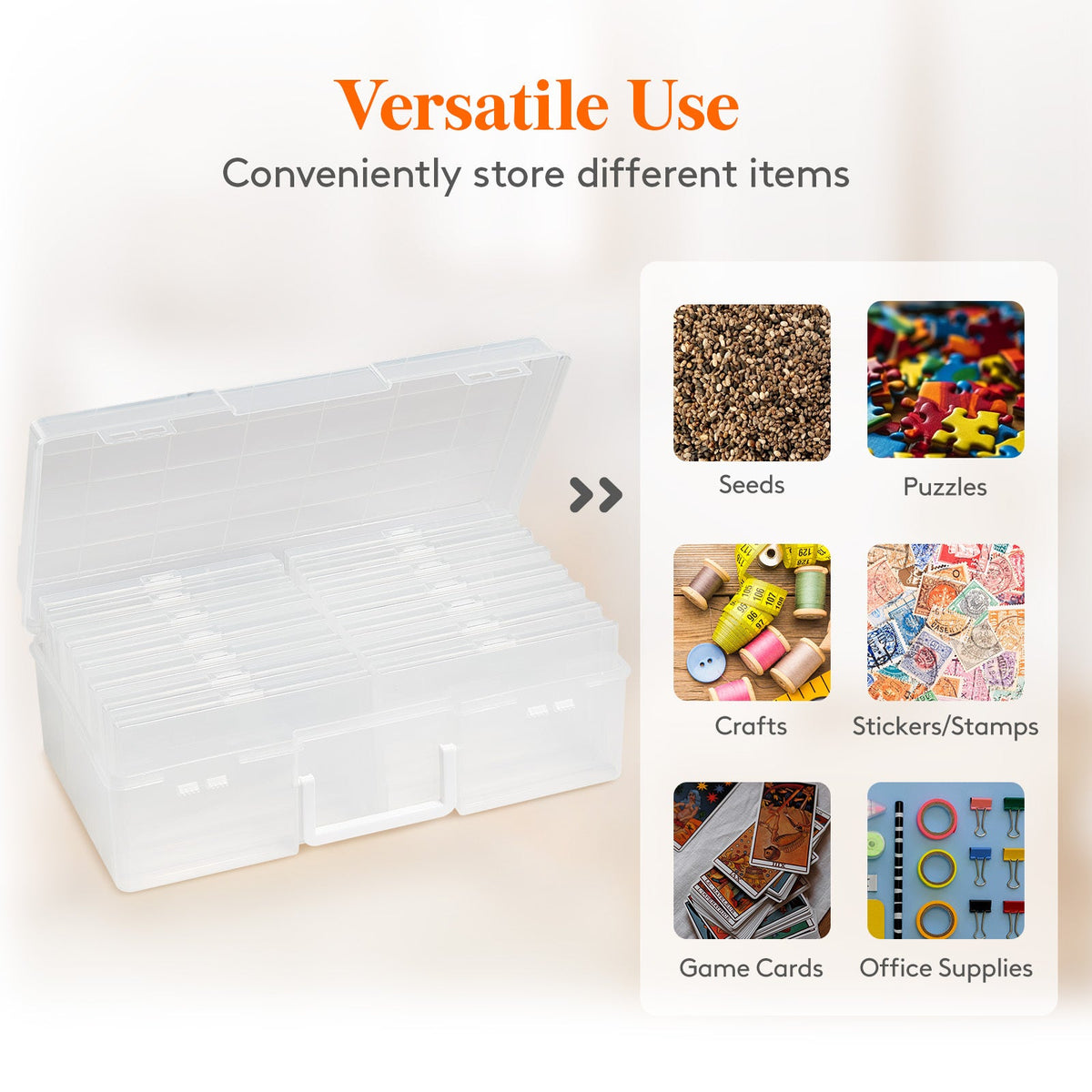 4x6 Photo Storage Box with 14 Inner Photo Keeper Cases Holds 1400 Photos Clear Plastic Photo Organizer with Lids Label Stickers BPA-Free for Cards Pictures Stamps Craft Office Supplies