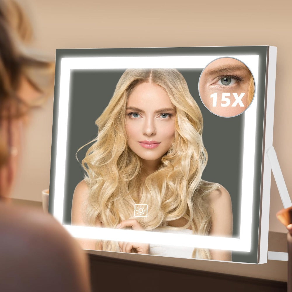 LED Vanity Mirror with Lights & 15X Magnifier – 3 Color Temperature Modes, Smart Touch Adjustable Brightness, 360° Rotation Makeup Mirror for Bedroom Bathroom Dressing Table, Gift for Women Girls