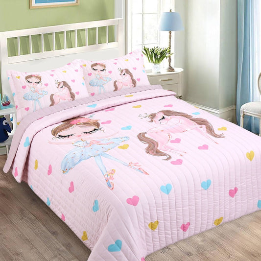 Kids Bedspread Set with Pink Princess Pony Print and 2 Pillowcases, 3-Piece