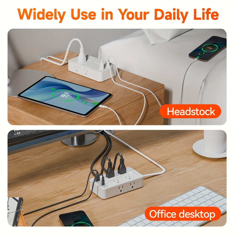 One-Touch Switch Desk Charging Station 14-in-1, 8 Widely Distributed AC Outlets & 6 USB Ports (4 USB-A + 2 USB-C), Surge Protection, Compact Portable Power Strip for Home Office Desktop – Safe & Organized