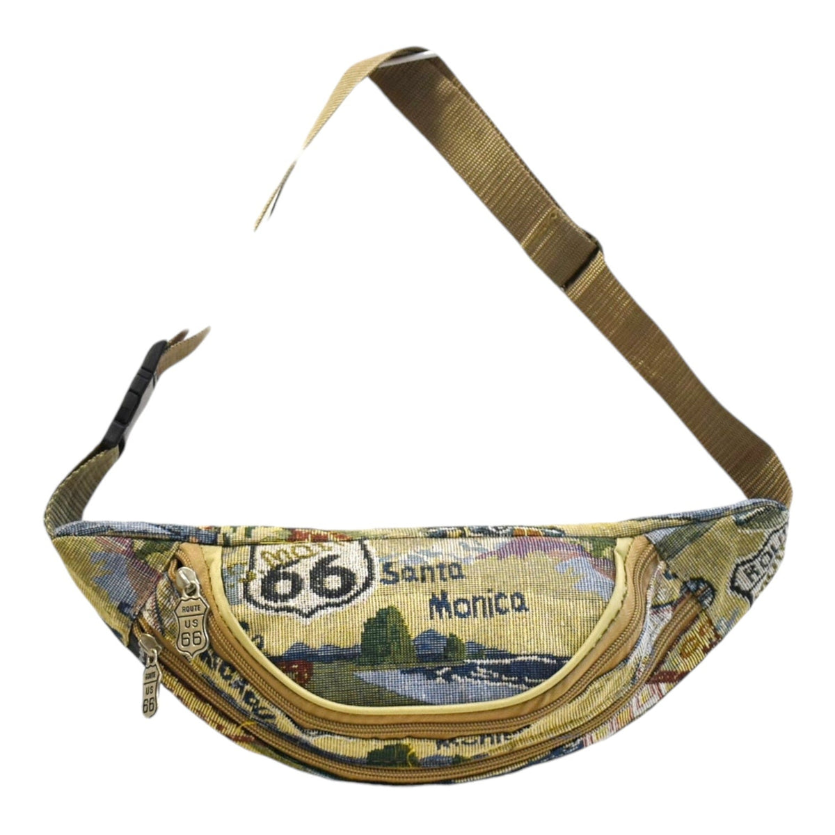 Tapestry Waist Bag Route 66 Vintage – Retro Fanny Pack Canvas Adjustable Strap for Travel Festivals Hiking