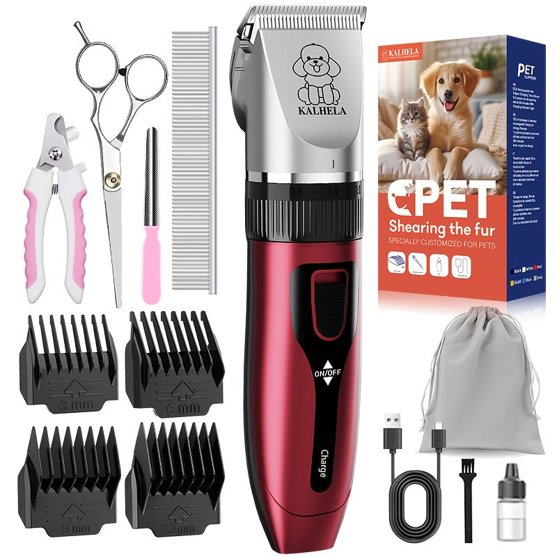 Pet Grooming Clippers Rechargeable with LED Display - Cordless Electric Dog Cat Hair Clipper, Detachable Blades 4 Guide Combs Low Noise, Professional Wireless Pet Trimmer with Accessories, Red