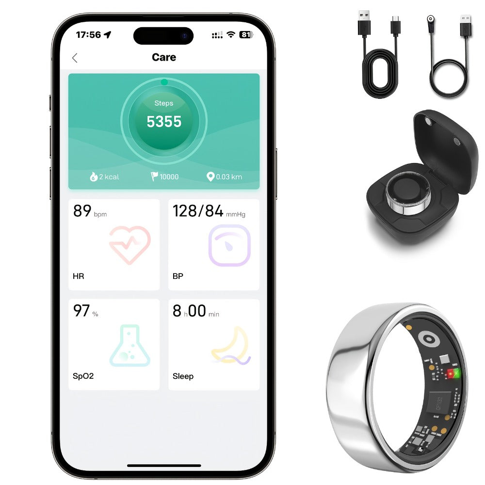 Smart Ring with Health Tracking & Charging Case – Step Count Calorie & Sleep Monitor | Long Battery | iOS & Android | Sizes #7–13 | Black Silver Gold | Minimalist Fitness Wearable Gift