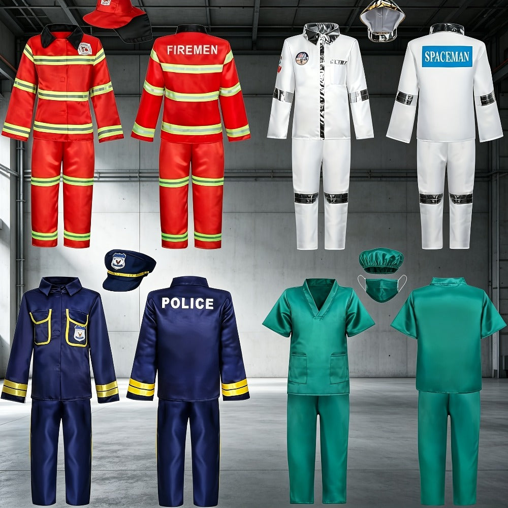 Kids Dress Up Costume Set 4-in-1, Firefighter, Police, Astronaut & Doctor Role Play Costumes