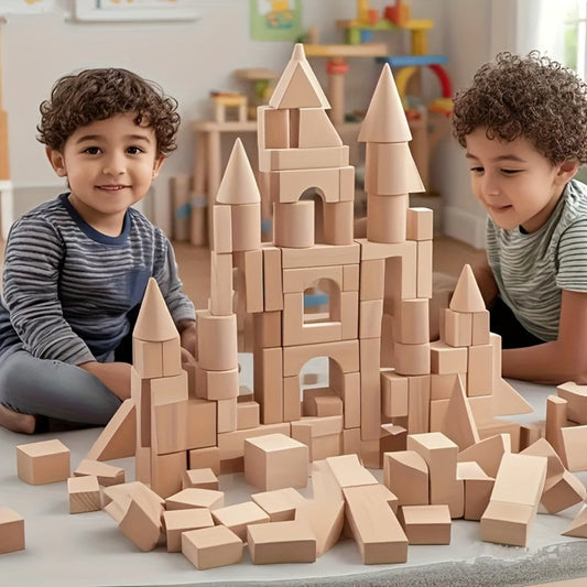 100-Piece Unpainted Beech Wood Building Blocks for Stacking and Sorting