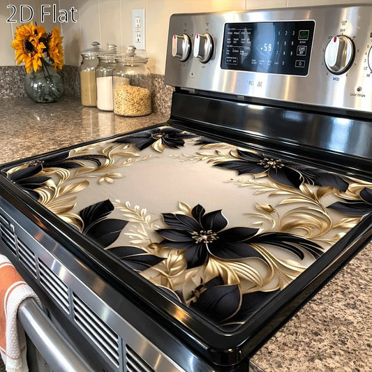 Stove Cover Mat with Black and Gold Floral Pattern, Reusable Kitchen Decor