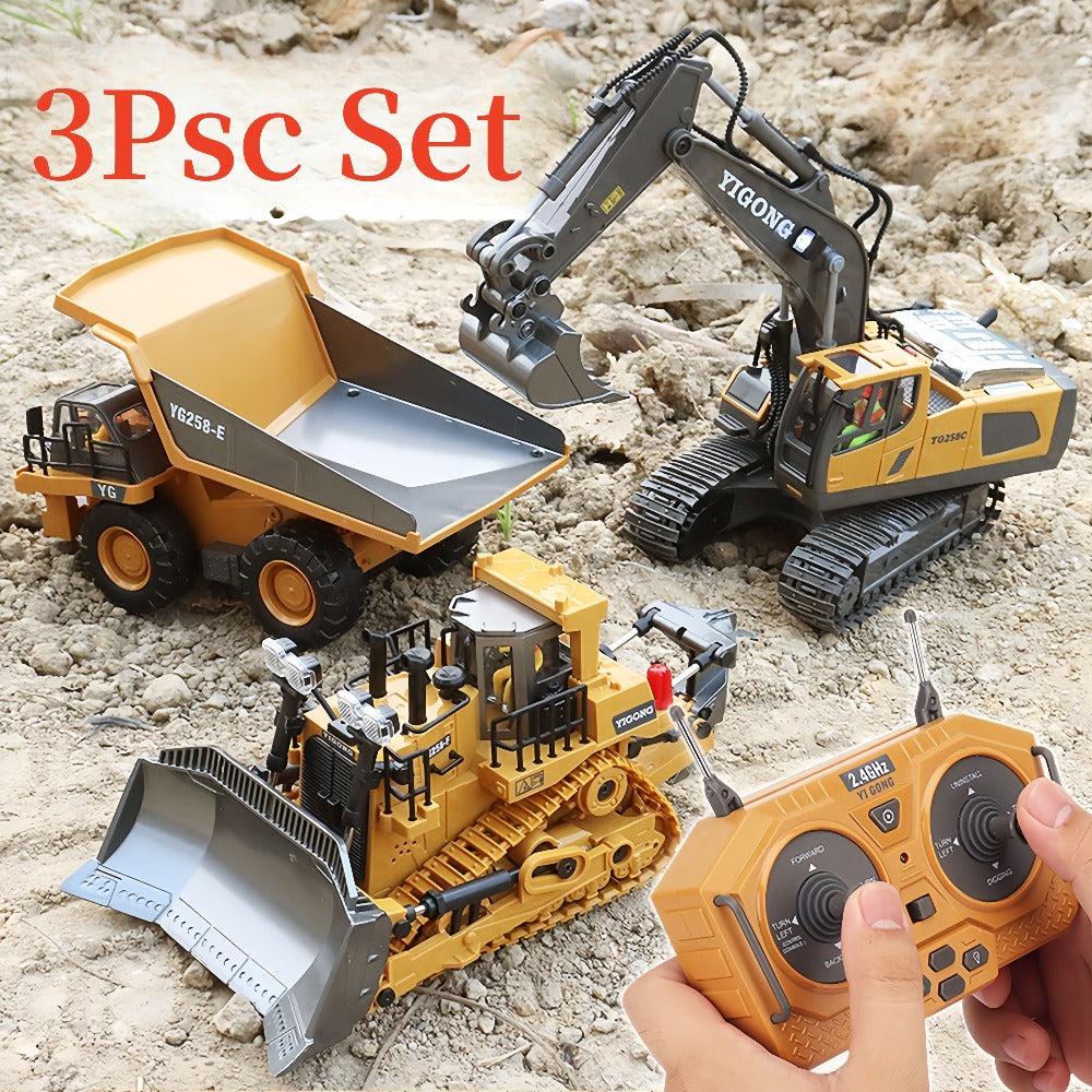 RC Construction Vehicle Set, 2.4GHz 12-Channel Excavator, Dump Truck, Bulldozer & Loader