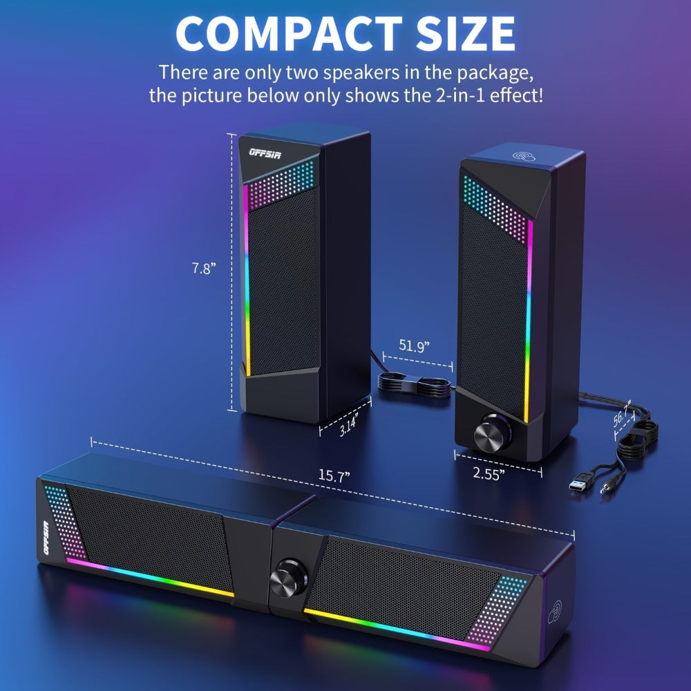 2-in-1 RGB Gaming Computer Speakers Wired, PC Desktop Laptop Soundbar with Subwoofer, Volume Control, RGB Ambient Light, USB Powered, 3.5mm Aux Input for Home Office Gaming