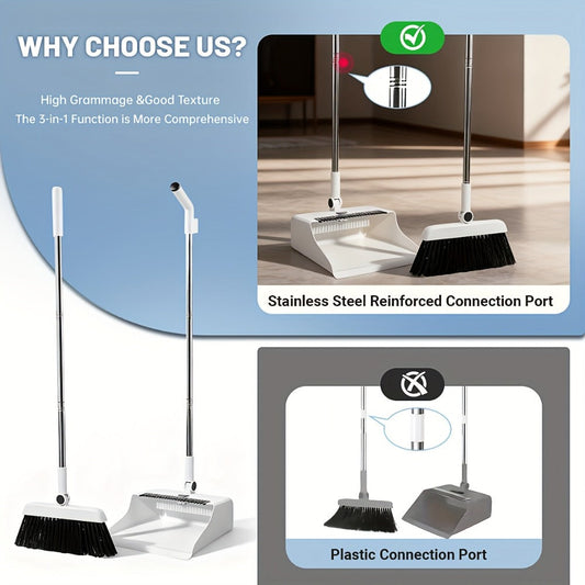 Broom and Dustpan Set with Long Handles, Foldable Storage and 2-in-1 to 4-in-1 Options