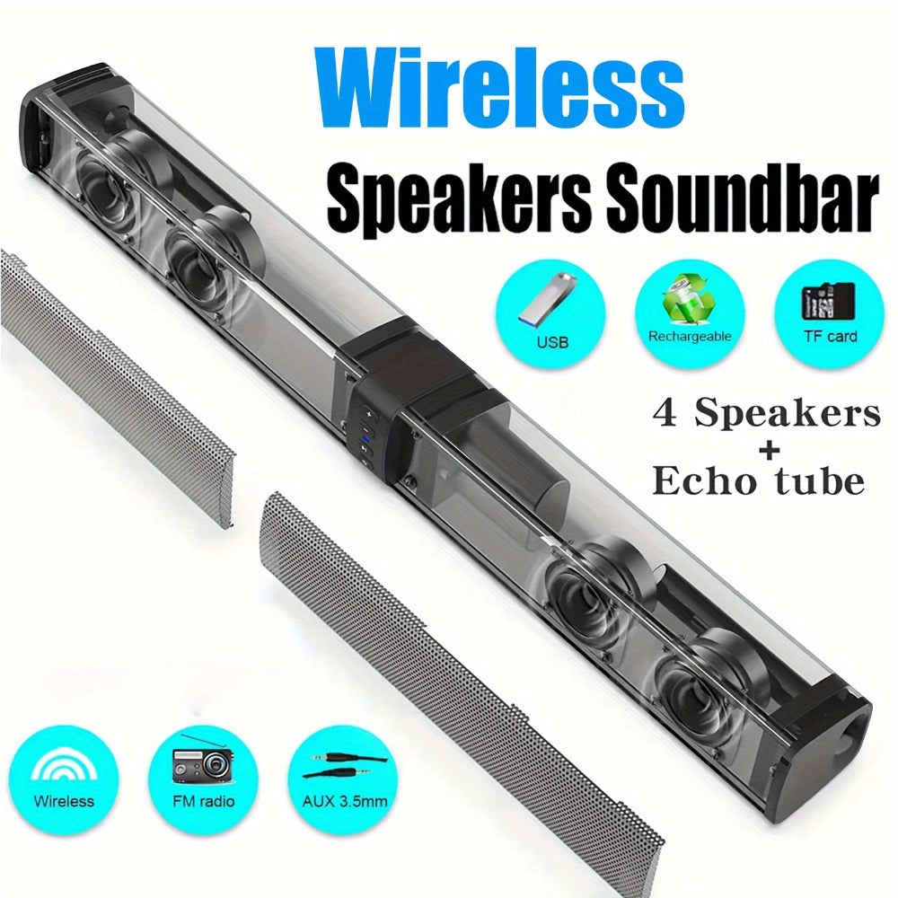Detachable 20W TV Soundbar with Wireless Subwoofer, 3D Surround Sound Home Theater Speaker System, TF/AUX/FM/RCA/TWS, 4 Speakers, 2000mAh Battery, for TV PC Movie Game