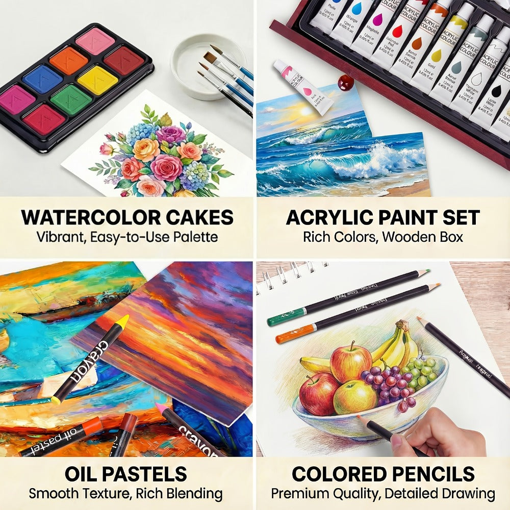 172 Piece Deluxe Art Set in Wooden Case with 2 Drawing Pads Crayons Acrylic Paints Colored Pencils Professional Art Kit Gift Box for Artists Beginners Ages 8+ Birthday Christmas