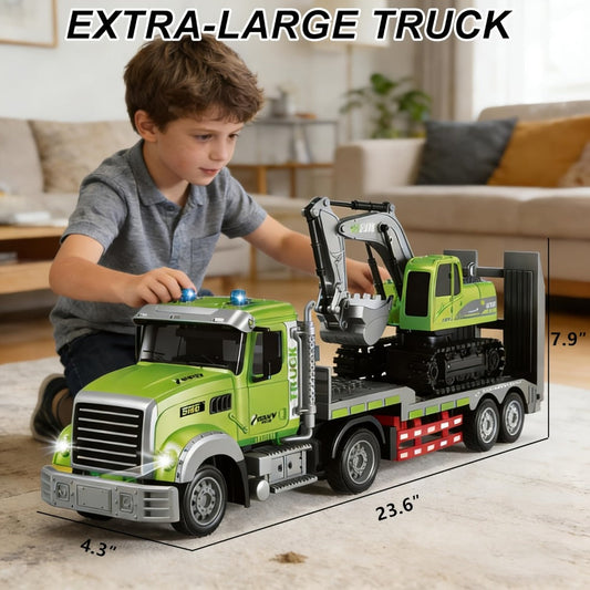 RC Semi Truck with Flatbed Trailer & Alloy Excavator, 1:12 Scale 11-Channel Construction Set