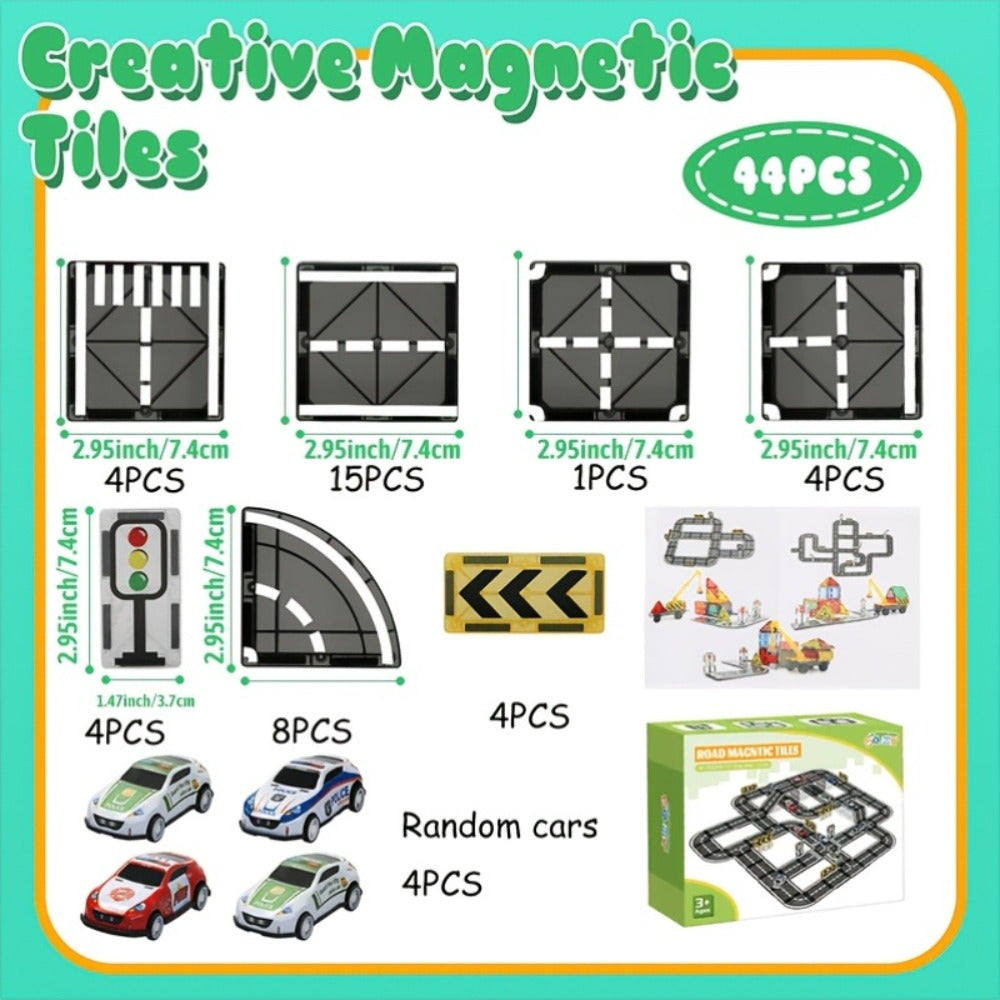 Magnetic Road Track Set 44 Pcs, Flexible Road Builder Tiles with Pull-Back Cars