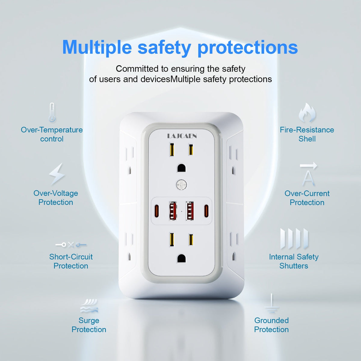 3-Sided Wall Outlet Extender 10-in-1 with 6 AC Outlets & 4 USB Ports (2 USB-A & 2 USB-C), 1050J Surge Protector Multi-Plug Adapter for Home, Travel, Office & College