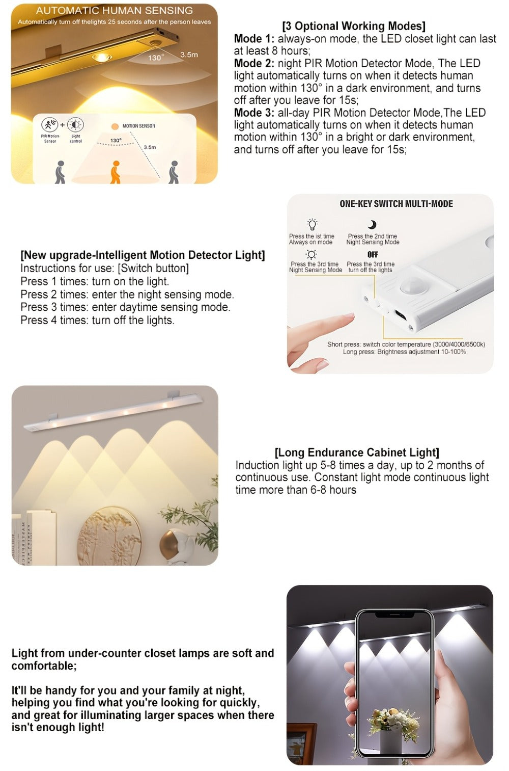 Motion Sensor LED Strip Light USB Rechargeable – 3-Color Dimmable Wireless Night Light for Kitchen, Wardrobe, Cabinet, Shoe Cabinet & Bedroom (20cm / 30cm / 40cm / 50cm, 1 or 2 Pack)