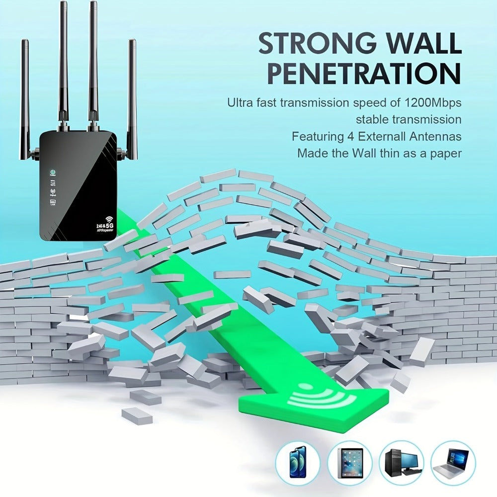 10000 Sq Ft WiFi Extender 1200Mbps 4-Mode - Dual Band 2.4GHz & 5GHz, 4 Antennas 360° Coverage, 6X Signal Boost, Penetrates Walls, 35 Devices, Repeater Access Point Router WISP, 1-Tap Setup, Black