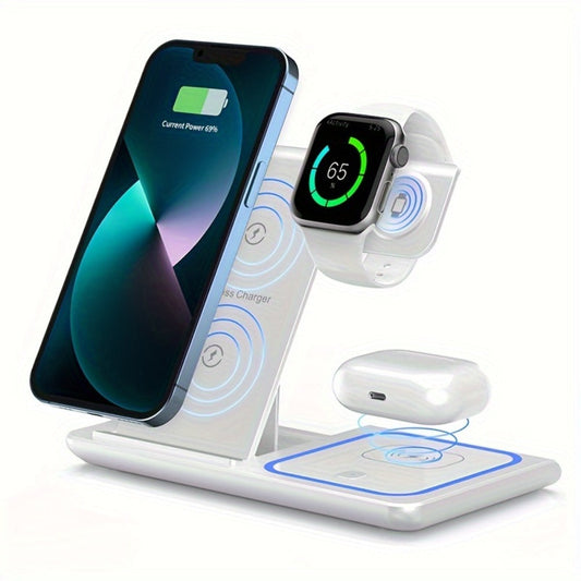 3-in-1 MagSafe Charging Station 15W – Fast Wireless Charger Stand for iPhone, Apple Watch & AirPods | Simultaneous Charging, White Black Pink