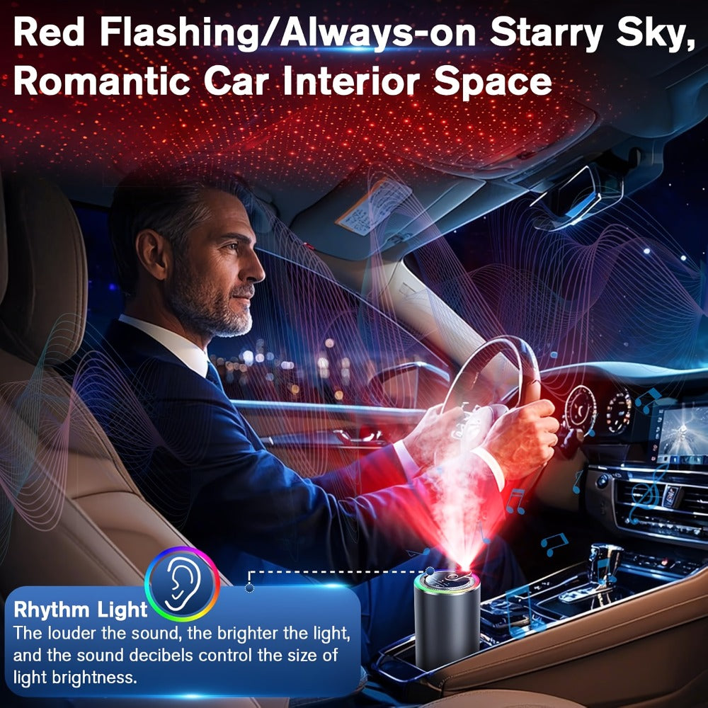 Car Air Freshener Aromatherapy Diffuser with Starry Sky Light Show, USB Rechargeable, Adjustable Fragrance – Natural Essential Oil Scents (Lavender, Ocean, Cologne, Gardenia)