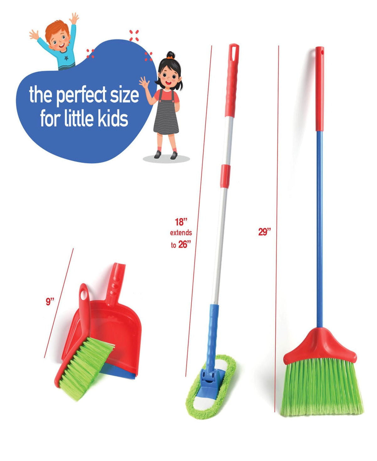 Kids Cleaning Toy Set, 4 Pieces with Broom, Mop, Brush & Dustpan