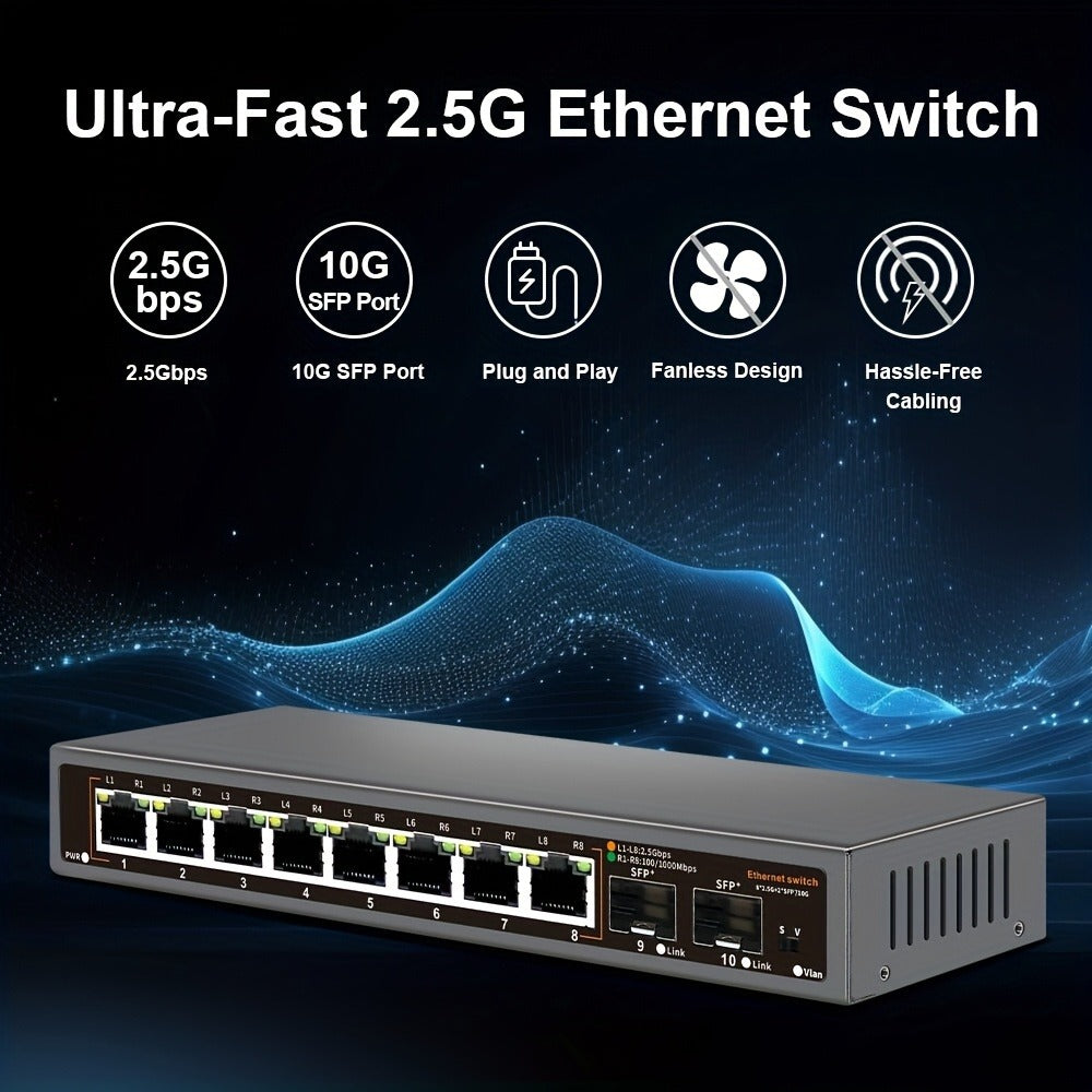 10-Port 2.5G Network Switch with 10G SFP+ Uplink - Fanless Metal Unmanaged Ethernet Switch, 8x 2.5GbE RJ45, 40Gbps Capacity, Plug and Play for NAS Home Lab Gaming Office