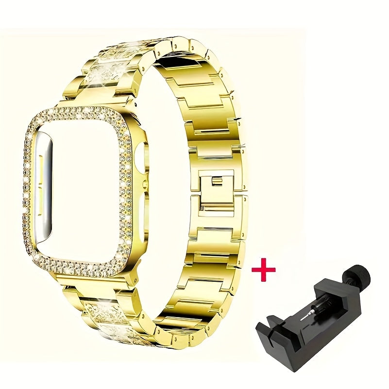 Diamond Apple Watch Case & Strap Set – Starry Sky Full Diamond Bezel + Double Row Diamond Band Compatible with Apple Watch Series 1–10 SE Ultra Ultra 2 38 40 41 42 44 45 49mm – Pink Rose Gold Black Blue Silver