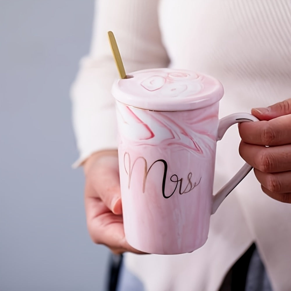 Mr and Mrs Mugs Wedding Gift Set 14oz Ceramic Marble – Bride and Groom Couples Mugs | Bridal Shower Engagement Anniversary Gift | Reusable Grey Pink Couple Coffee Mugs
