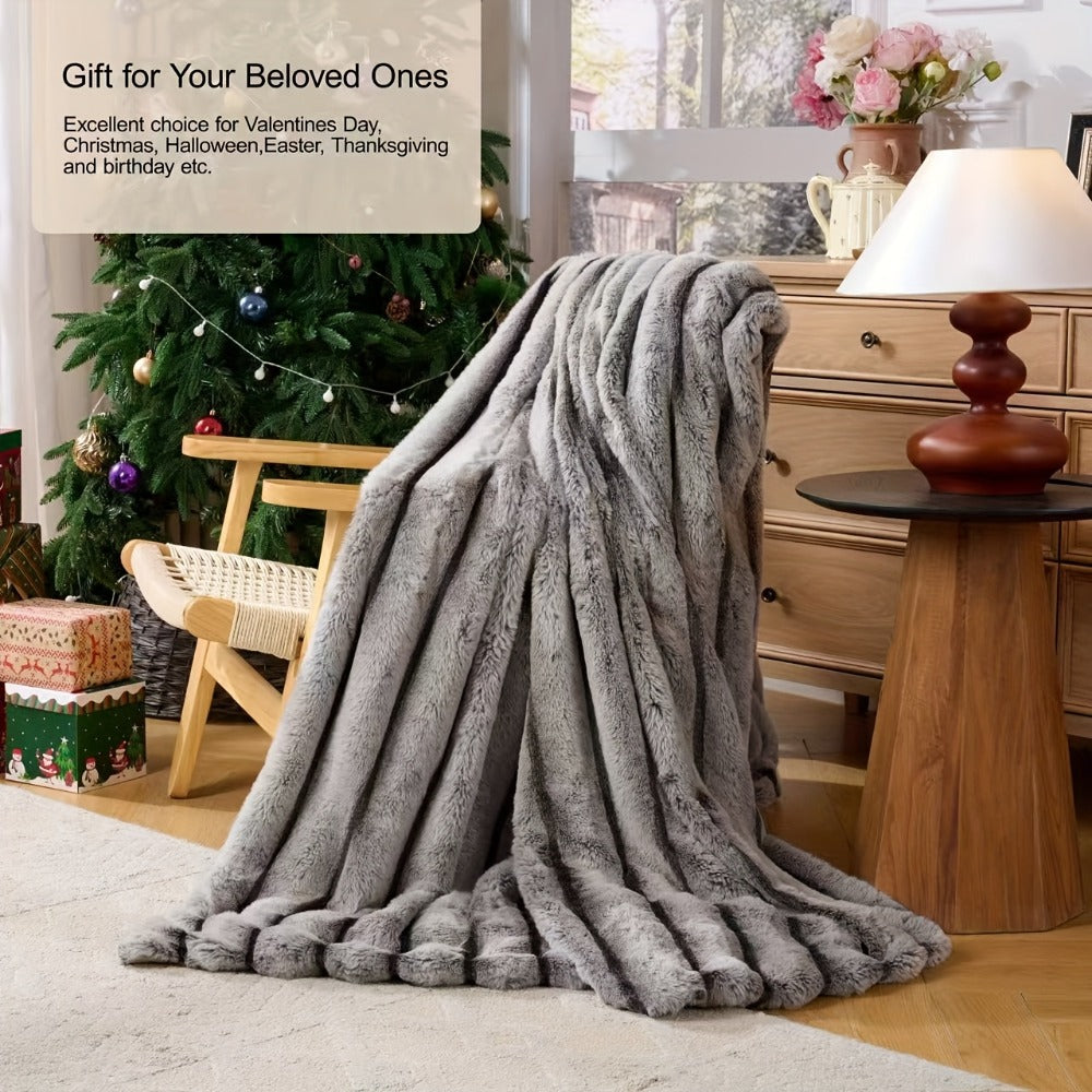 Double-Layer Faux Rabbit Fleece Blanket – 450-500gsm Thickened Soft Warm Throw for Bed, Couch & Travel, All Season, 3 Colors, 5 Sizes