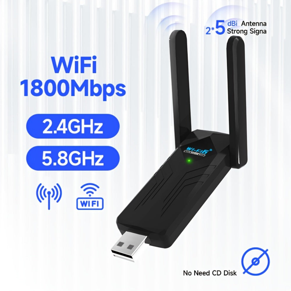 1800Mbps USB WiFi Adapter for PC Desktop Laptop with Dual 5dBi Antennas, 5GHz & 2.4GHz Dual Band Wireless Network Adapter, Windows 11 10 8 7 Compatible, Double Antenna or No Antenna Version