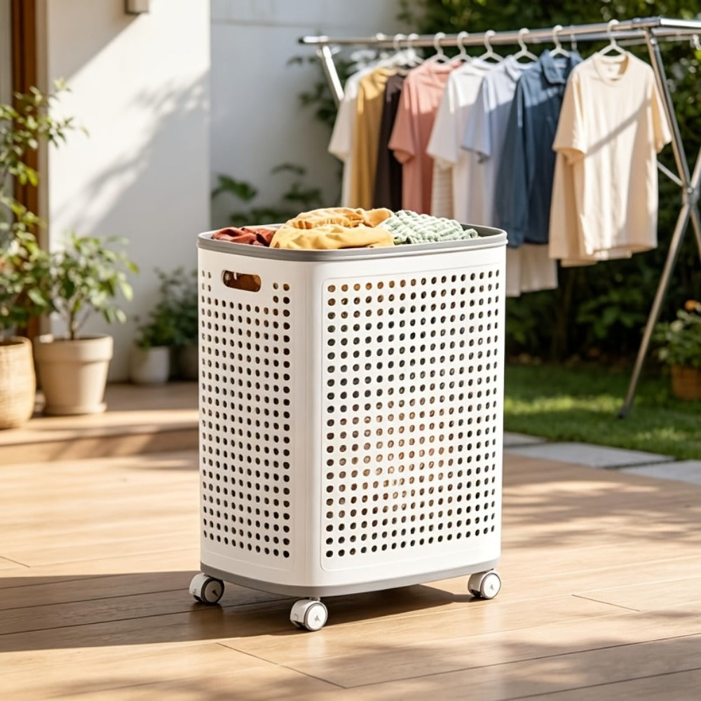 Wheeled Laundry Hamper Large Foldable with Dividers & Dust-Proof Lid – 360° Breathable Mesh Basket on Wheels, Reinforced Steel Base, Portable Clothes Organizer for Bedroom, Bathroom & Dorm