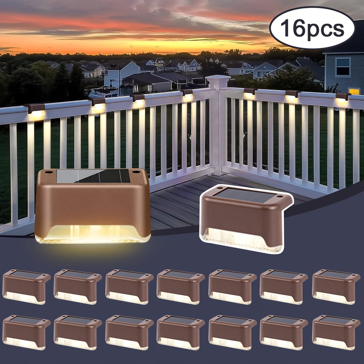 Solar Deck Lights Outdoor Waterproof Auto On Off – Warm White LED Step Stair Fence Lights 800mAh 12-Hour Runtime for Patio Balcony Yard Driveway Garden Black White Brown 8 16 32 Pack