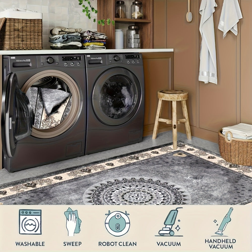 Bohemian Persian Velvet Area Rug Non-Slip Machine Washable – Vintage Floral Paisley Pattern 1000g/m² 100% Polyester Carpet for Living Room & Bedroom – 6 Sizes, High-Traffic Durable