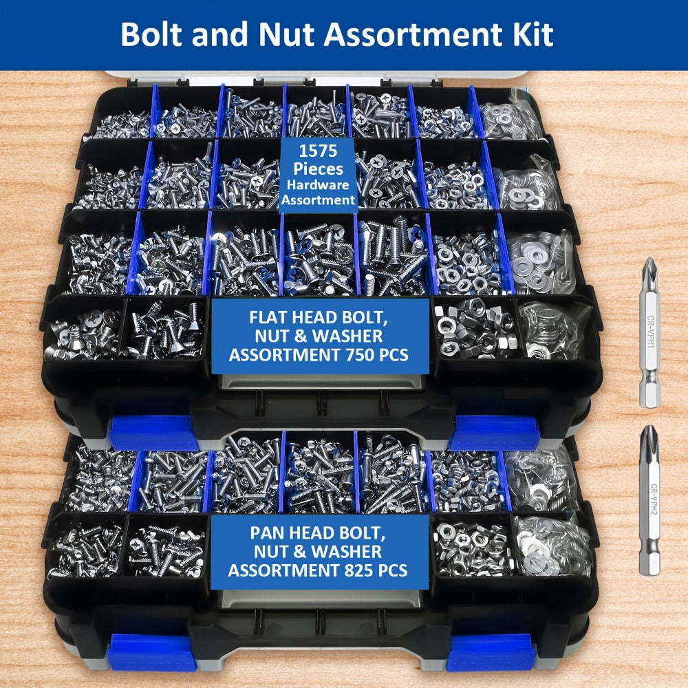 1575pcs 304 Stainless Steel Nuts and Bolts Assortment Kit – Pan Head Flat Head Screws Nuts Washers with Double-Sided Storage Box for Home & Mechanical Repairs
