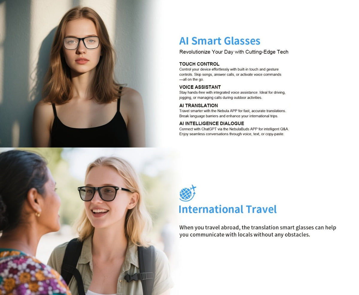 ChatGPT AI Translation Glasses with 160-Language Real-Time Translation, Photochromic Lenses, HiFi Audio & HD Calls – 19 Frame Styles, Unisex Smart Eyewear for Travel & Business