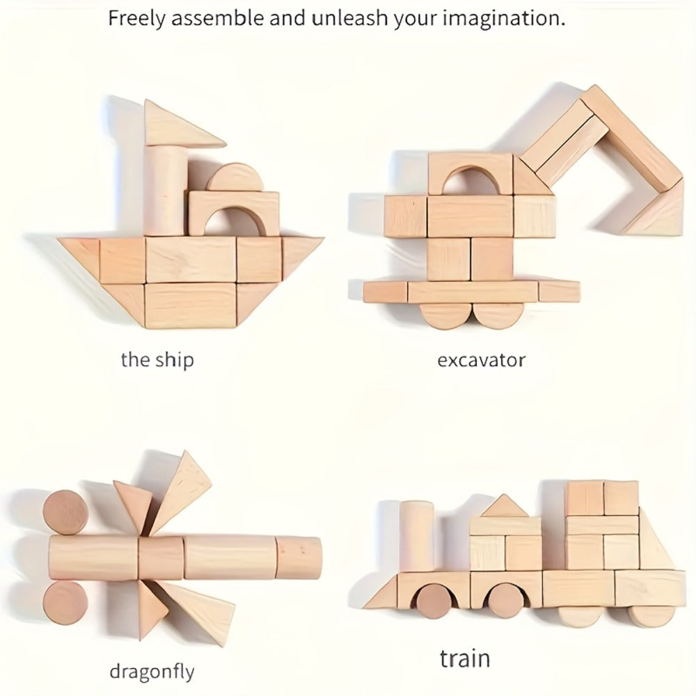 100-Piece Unpainted Beech Wood Building Blocks for Stacking and Sorting