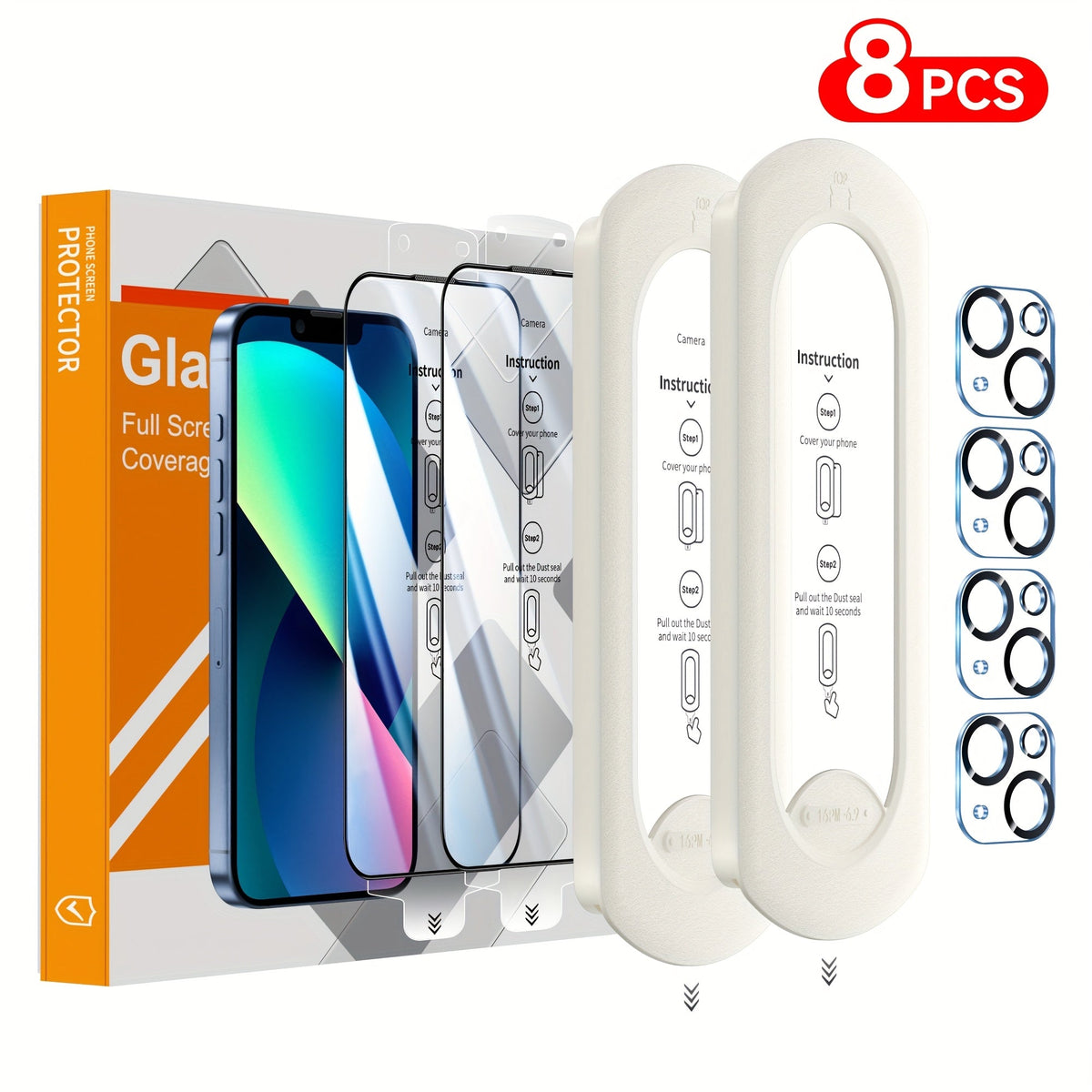 9H Tempered Glass Screen Protector for iPhone 8-Pack with Alignment Tool – 4 Screen + 4 Camera Lens, HD Clear, Bubble-Free, Case Compatible, iPhone 16 Pro Max / 15 / 14 / 13 / 12 / 11 Series