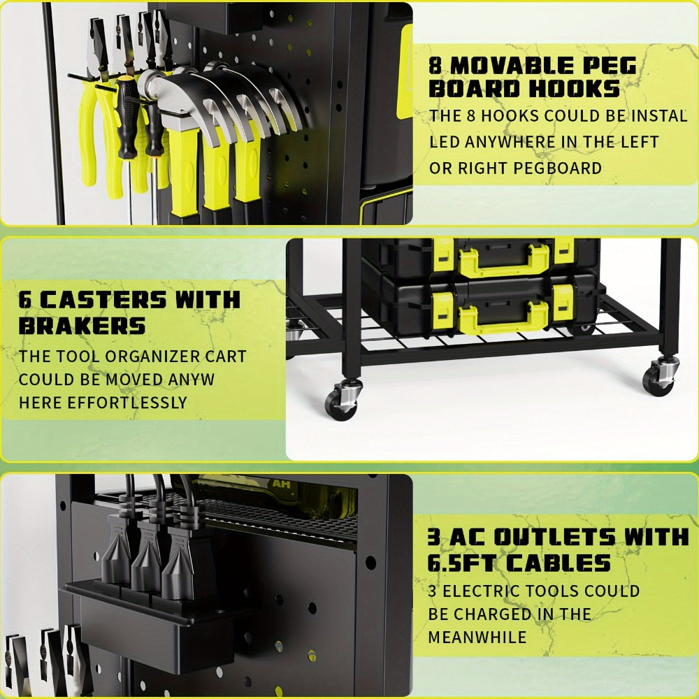 Mobile Tool Cart with Charging Station – 12 Drill Holders & 5 Storage Shelves Power Tool Organizer | Rolling Utility Rack Toolbox with Battery Charging Power Strip for Garage & Workshop | 4 Colors