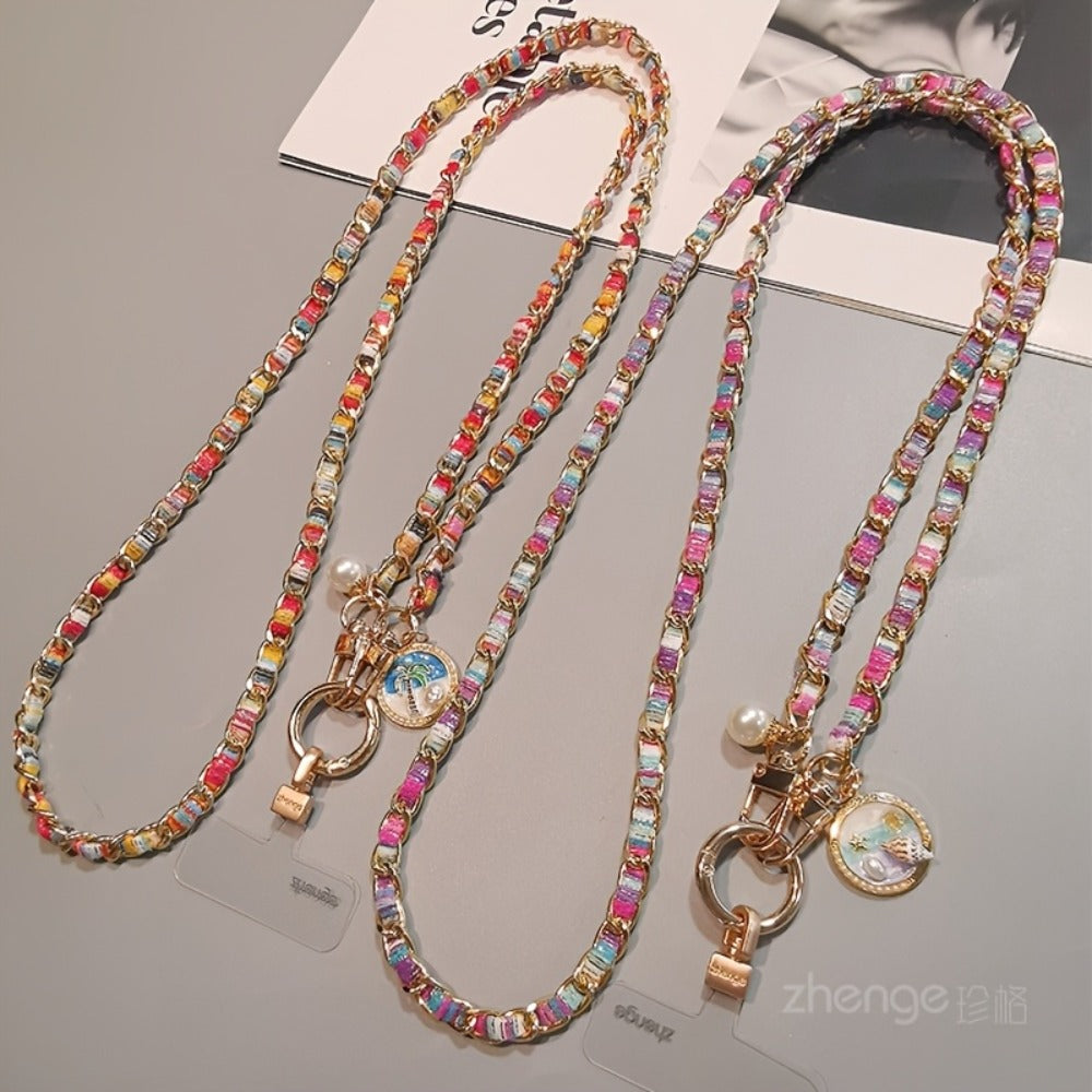 Metal Chain Phone Crossbody Strap Painted Fabric Long Lanyard Fashionable Disc Button Shoulder Phone Strap – Hands-Free for Women Daily Shopping Travel Outdoor Gift