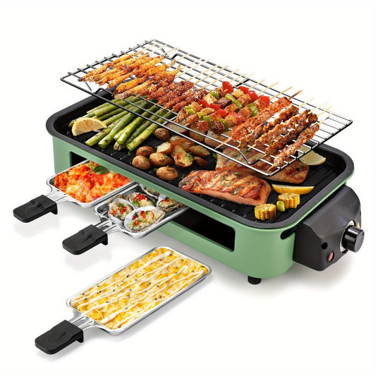 Indoor Electric Raclette Grill, 1500W, with 3 Mini Pans and 16 x 9-Inch Plate