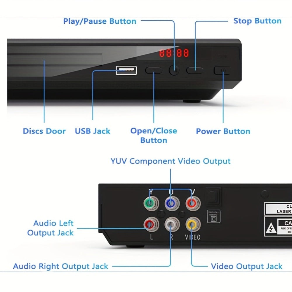 1080P Full Region DVD Player for Elderly, HD AV Output USB Direct Read Smart Error Correction, Easy Home DVD Player with Remote Control, Supports DVD CD VCD SVCD & USB Flash Drive