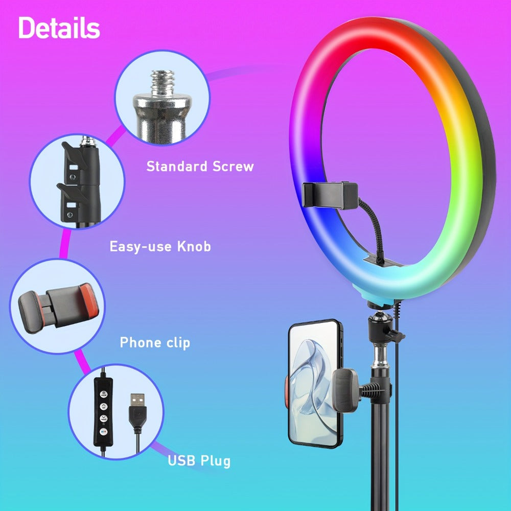 RGB Ring Light 12 Inch Dimmable with 63 Inch Adjustable Tripod USB Powered Phone Stand Gimbal Clamp for Makeup Live Streaming Selfie Photography TikTok YouTube Portable