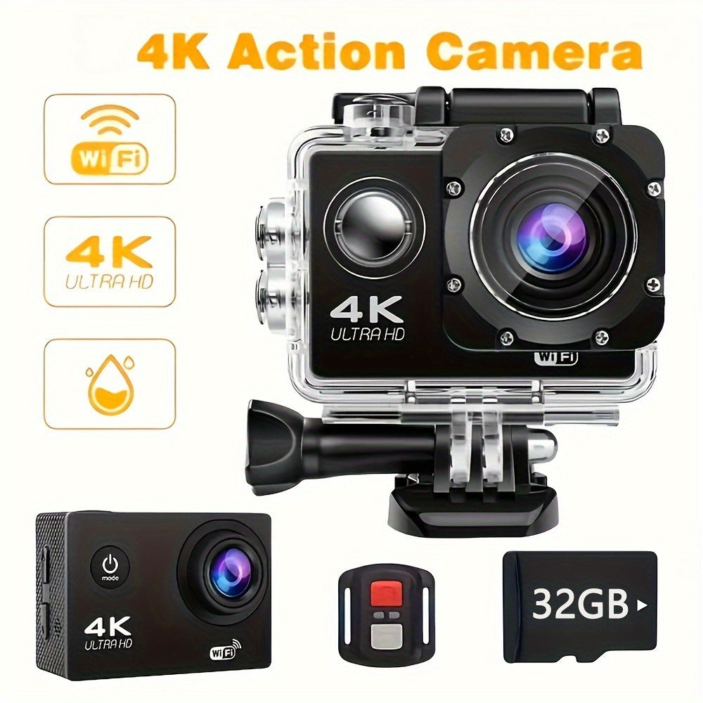 4K Sports Action Camera with WiFi, 170° Wide Angle, 32GB Card & Helmet Mount Kit – Pre-Recording, Remote Control, 900mAh Battery, 2" LCD – Beginner-Friendly Outdoor Cam for Cycling, Hiking & Gifts