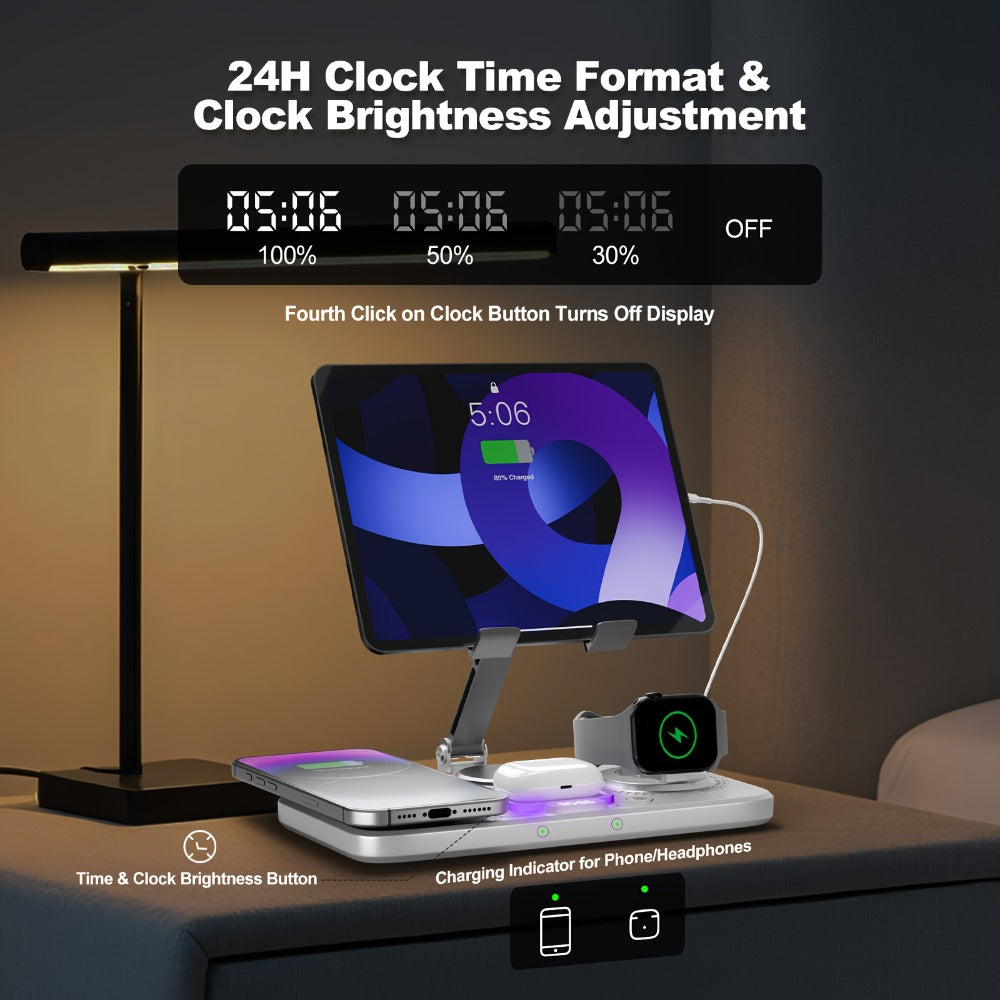 6-in-1 Wireless Charging Station with Clock Display & Atmosphere Light 15W Fast Charger Dock – Tablet Stand, Charges 4 Devices at Once | iPhone 17/16/15/14/13/12, Apple Watch, AirPods | Black & White