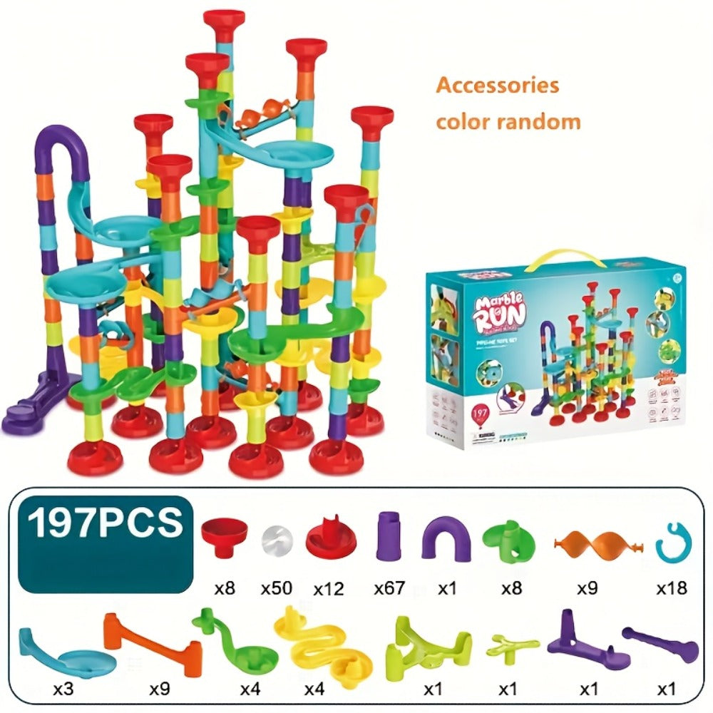Marble Run Building Block Set with Glass Marbles, 112 or 147 Piece Race Track Toy for Ages 4+