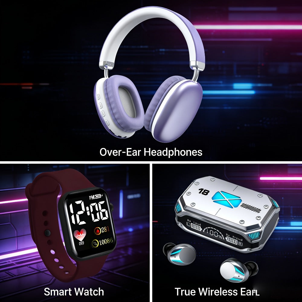 3-Piece Wireless Audio Gift Set Over-Ear Bluetooth Headphones Wireless In-Ear Earbuds Minimalist Watch Ultra-Long Battery iOS Android Back to School Father's Day Gift