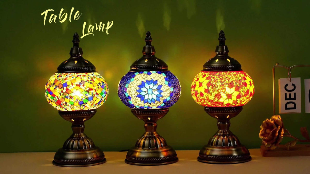 Turkish Moroccan Mosaic Table Lamp Handmade Crystal Glass Spherical Shade 3-Color Adjustable Bedside Night Light Metal Base Bulb Included for Bedroom Living Room Boho Home Decor Gift